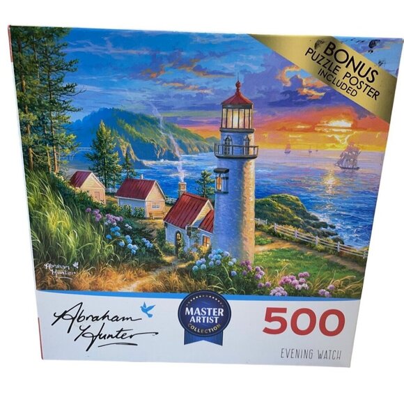 Evening Watch 500-Piece Puzzle By RoseArt Abraham Hunter 24" X 18" Lighthouse - Picture 1 of 3